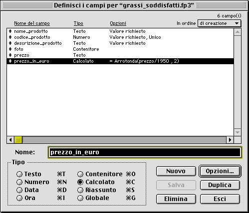 Una base dati FileMaker pubblicabile sul Web: abbiamo scelto con cura i nomi dei campi in modo che non sorgano problemi.