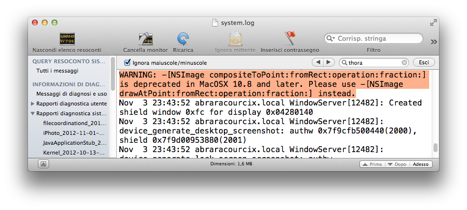 L'utility Console mette in evidenza un'app che probabilmente smetterà di funzionare in OS X 10.9, a causa dell'uso deprecato della API NSImage.