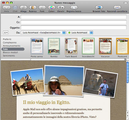 Figura 3.52. Per fortuna non è possibile mandare queste coloratissime email a migliaia di persone per volta; finireste assillati da messaggi pubblicitari creati con Apple Mail.