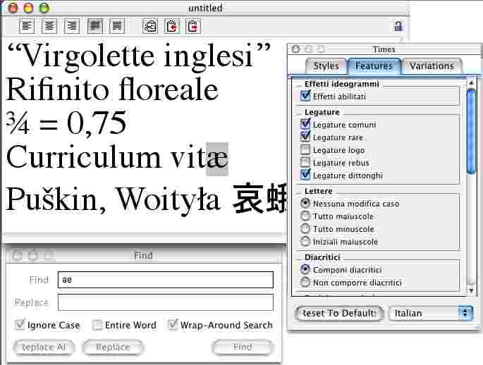 WorldText sotto Mac OS X 10.2, così come lo stesso TextEdit nella versione 10.3, mostrano le nuove capacità di OS X nel campo tipografico